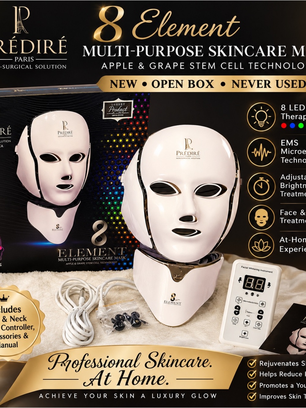NEW Open Box Prédiré Paris 8 Element LED Light Therapy Face & Neck Mask EMS Skin